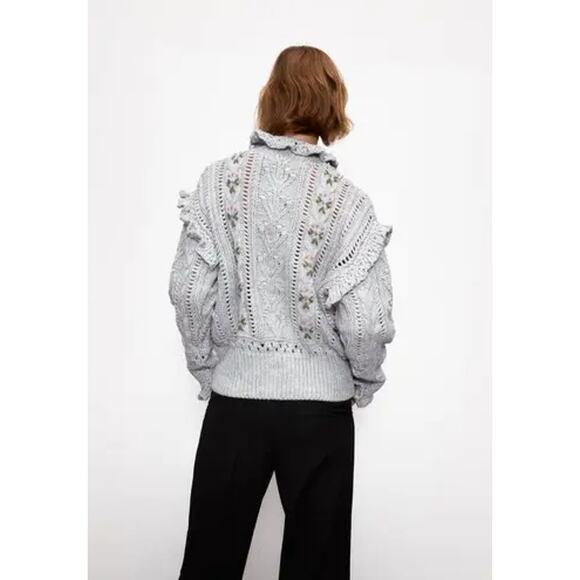 Zara Embroidered Floral Oversized Knit Pullover Sweater Gray Women's Size Small - Picture 2 of 13